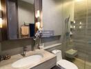 Modern bathroom with glass shower and a large mirror