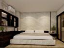 Modern bedroom with marble accents and built-in shelving