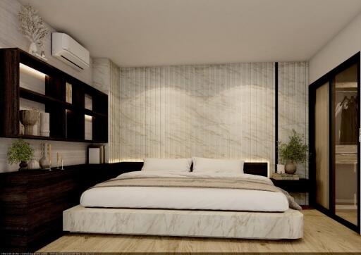 Modern bedroom with marble accents and built-in shelving