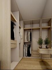 Spacious walk-in closet with wooden finish and mirrored doors