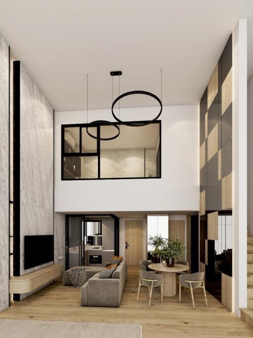 Modern living room with high ceiling, dining area, and large windows