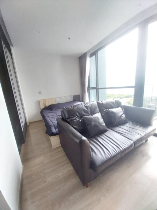 Bedroom with black leather sofa and glass wall