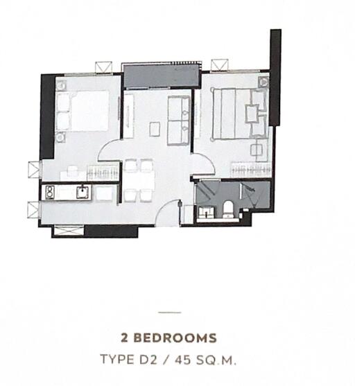 Two-bedroom apartment floor plan, Type D2, 45 SQ.M.