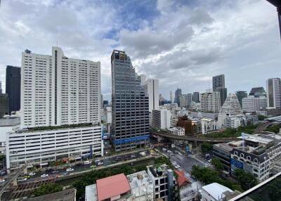 City skyline view with multiple high-rise buildings