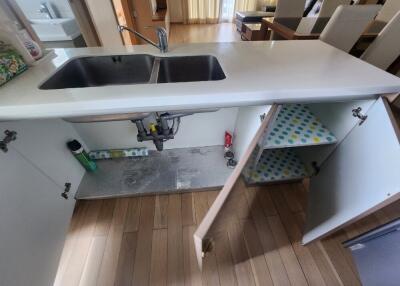 Modern kitchen with double sink and storage cabinets