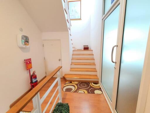 Bright staircase area with wooden steps and modern decor