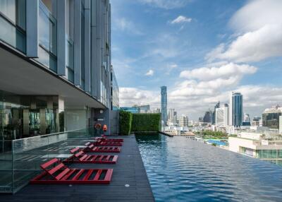 Modern building with outdoor rooftop pool and city view