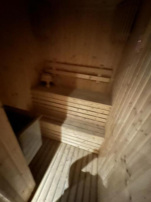 Wooden sauna with seating