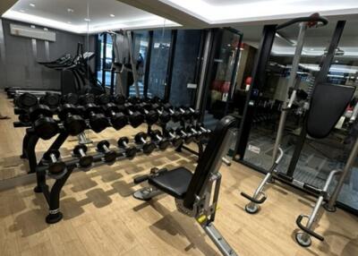 Home gym area with weights and workout equipment