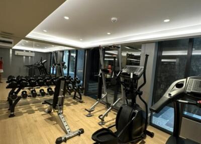 Home gym with various exercise equipment and mirrored wall