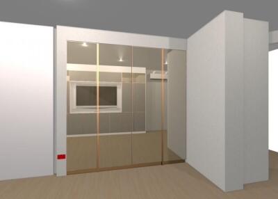 Minimalistic bedroom with mirrored closet doors