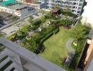 An aerial view of a well-maintained rooftop garden