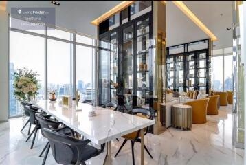 Modern dining room with city skyline view and marble floors