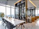 Modern dining room with city skyline view and marble floors