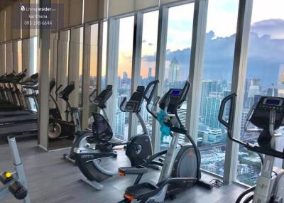 Fitness center with exercise equipment and city view