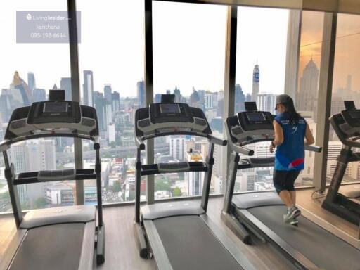 Gym with treadmills and a city view