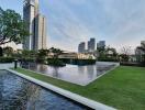 Outdoor view with modern buildings and koi pond