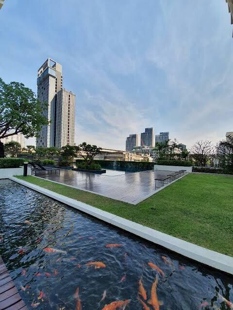 Outdoor view with modern buildings and koi pond