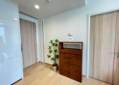 modern hallway with wooden furniture and plant