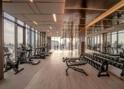 Spacious modern gym with city views