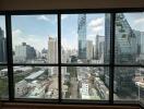 City skyline view from modern apartment window