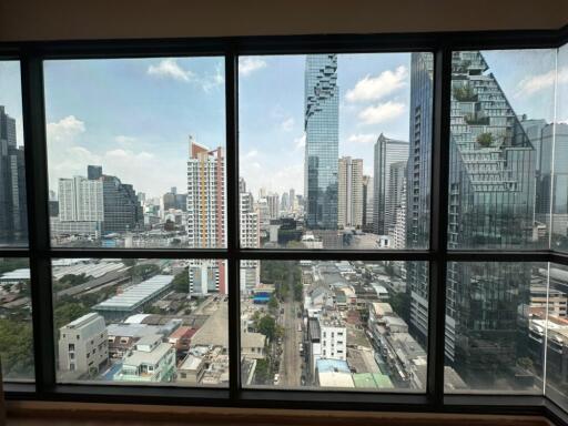 City skyline view from modern apartment window