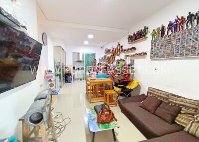 Living room with modern decor, TV, and collectibles