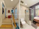 Staircase leading to upper floor and modern bathroom with shower