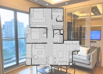 Living room with city view and floor plan overlay