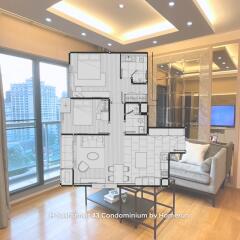 Living room with city view and floor plan overlay