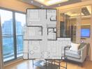 Living room with city view and floor plan overlay