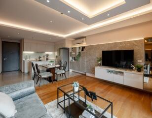 Modern open living space with kitchen and dining area