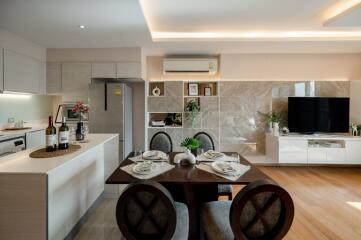 Modern living and dining area with kitchen