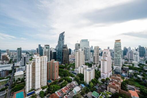 Aerial view of city with high-rise buildings