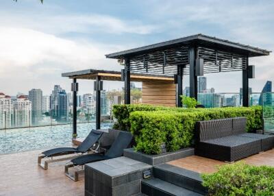 Rooftop swimming pool area with city skyline view