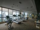 Spacious gym with modern equipment overlooking cityscape