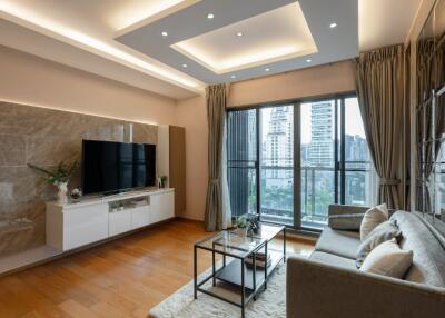 Modern living room with big window and city view