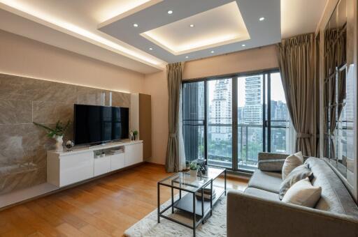 Modern living room with big window and city view