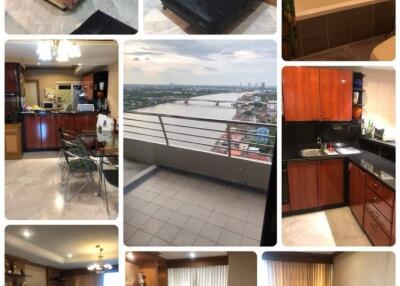 Collage of different rooms including bedroom, kitchen, living room, and balcony