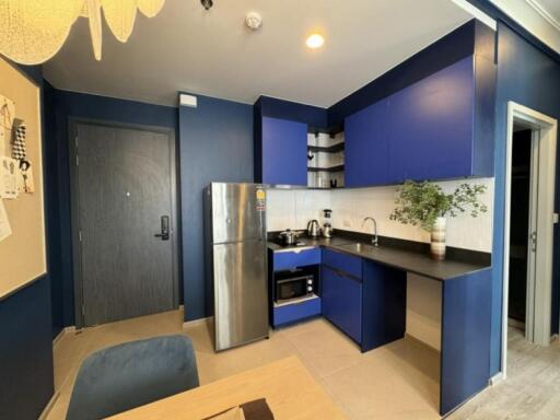 Modern kitchen area with blue cabinetry