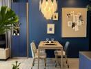 Modern dining area with blue walls and unique chandelier