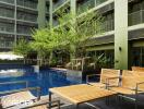 Modern apartment building with outdoor pool area