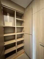 Empty closet with shelves and open door