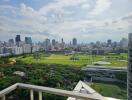 View from balcony overlooking cityscape and green park