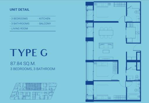 Blueprint of Type G unit featuring 3 bedrooms, 3 bathrooms, kitchen, balcony, and living room