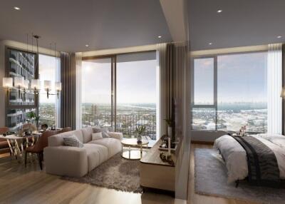 Modern combined living room and bedroom with a city view