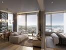 Modern combined living room and bedroom with a city view