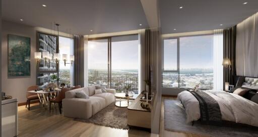 Modern combined living room and bedroom with a city view