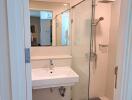 Modern bathroom with glass shower enclosure and white sink