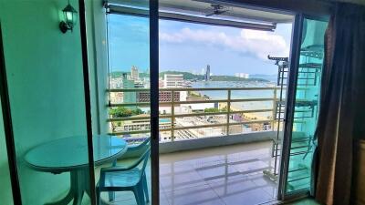 Balcony with view of city and waterfront